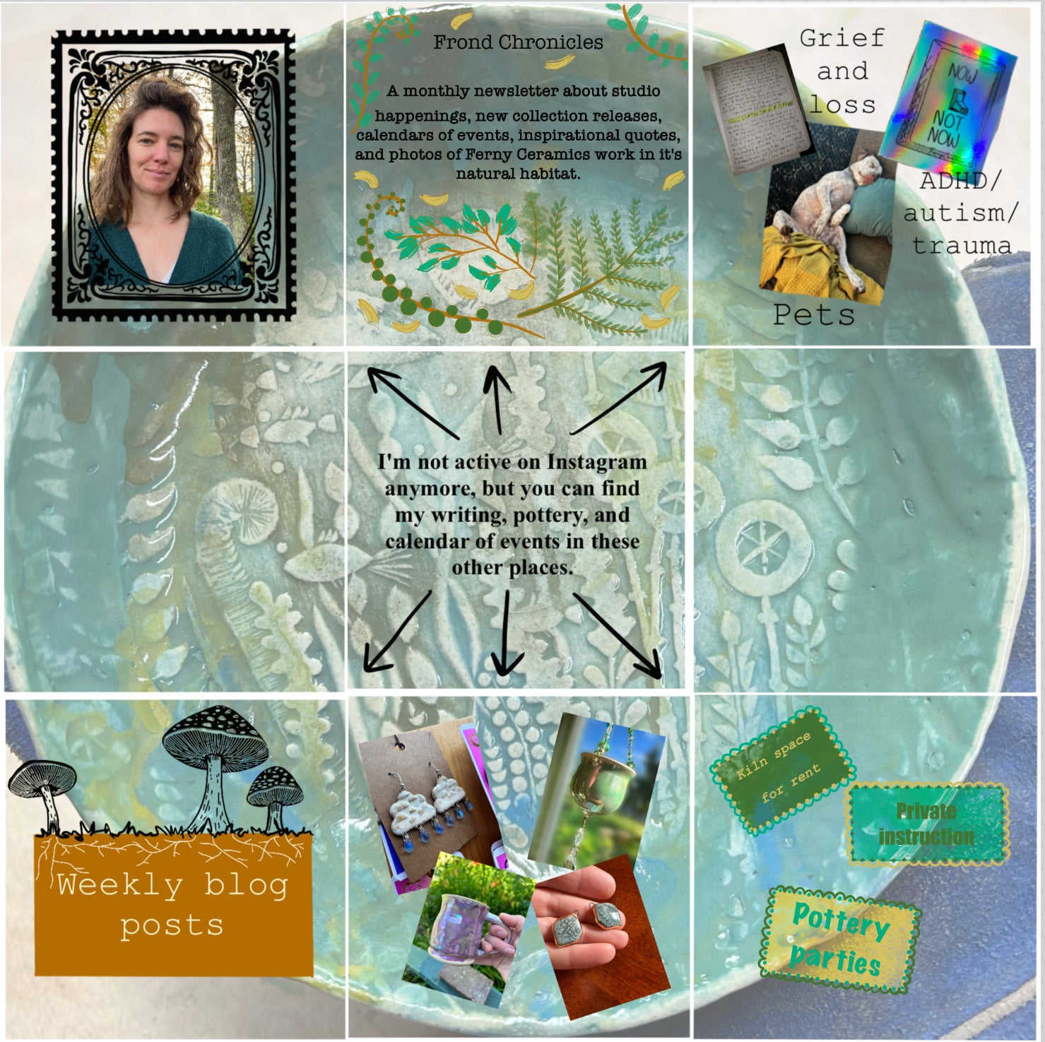 a 9-grid image of a handmade plate with text over the top of it explaining why the author has left Instagram.